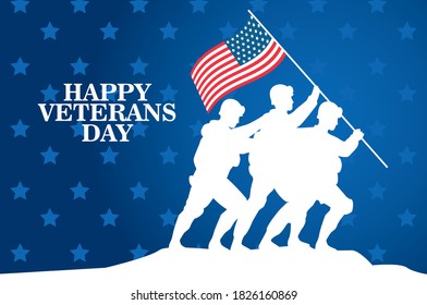 happy veterans day celebration with soldiers lifting usa flag in pole vector illustration design