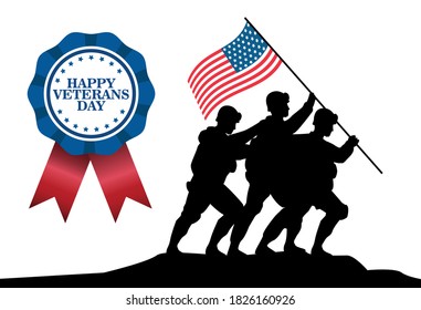 happy veterans day celebration with soldiers lifting usa flag in pole and medal vector illustration design