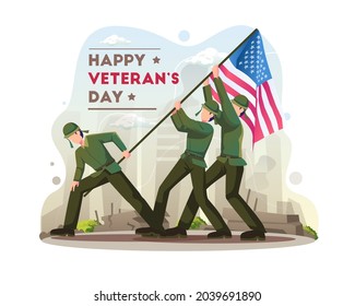Happy Veteran's Day celebration with Soldiers is fighting to lift the USA flag on Veterans Day. Flat vector illustration
