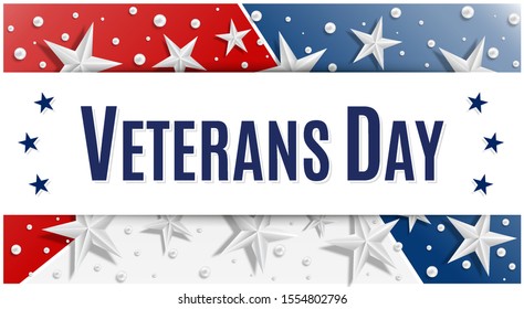 Happy Veterans Day. Colorful Patriotic Template For Greeting Card, Flyer, Poster, Banner. Decorated With Bright Silver Stars. Vector Illustration.