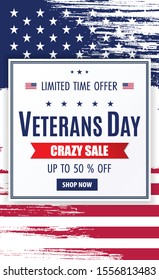 Happy Veterans Day. Colorful patriotic template for sale promotion and advertising card, flyer, leaflet. American themed background with white brush strokes and framed sale message.