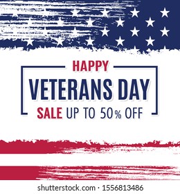 Happy Veterans Day. Colorful patriotic template for sale promotion and advertising card, flyer, poster, banner. American Flag themed background with white brush strokes and framed holiday text.