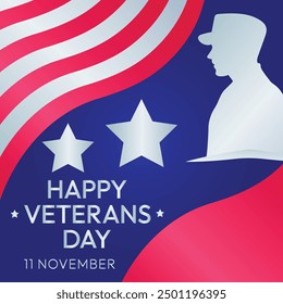 Happy veterans day design with flag star and soldier gradient effect on blue background.