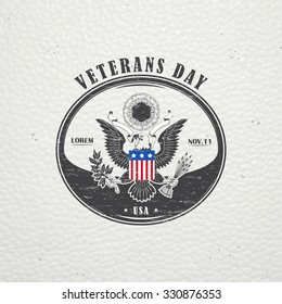 Happy veterans day. Detailed elements. Old retro vintage grunge. Scratched, damaged, dirty effect. Typographic labels, stickers, logos and badges. Flat vector illustration