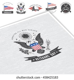 Happy veterans day. Detailed elements. Old retro vintage grunge. Scratched, damaged, dirty effect. Typographic labels, stickers, logos and badges. Flat vector illustration