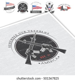 Happy veterans day. Detailed elements. Old retro vintage grunge. Scratched, damaged, dirty effect. Typographic labels, stickers, logos and badges. Mockup style
