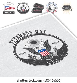 Happy veterans day. Detailed elements. Old retro vintage grunge. Scratched, damaged, dirty effect. Typographic labels, stickers, logos and badges. Mockup style