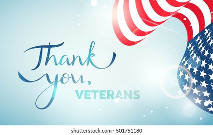 Happy Veterans Day flyer, banner or poster. Holiday background with waving us flag and text Thank you, Veterans. Vector illustration