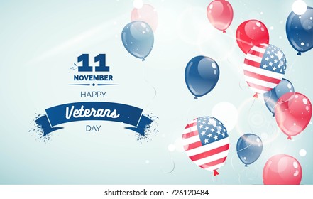 Happy Veterans Day flyer, banner or poster. Holiday background with  flying balloons and blue sky. Vector illustration