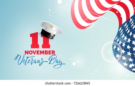 Happy Veterans Day flyer, banner or poster. Holiday background with waving us flag, blue sky and captain cap. Vector illustration