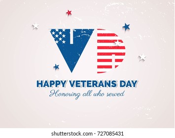 Happy Veterans Day flyer, banner or poster. Holiday background with VD letters in us national colors. Vector flat illustration