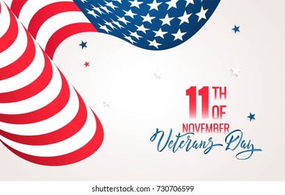 Happy Veterans Day flyer, banner or poster. Holiday background with waving us flag and calligraphy. Vector illustration