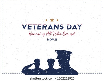 Happy Veterans Day. Greeting card with soldier on background. National American holiday event. Flat vector illustration EPS10.