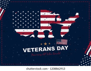 Happy Veterans Day. Greeting card with USA flag, map and soldiers on background with texture. National American holiday event. Flat vector illustration EPS10.