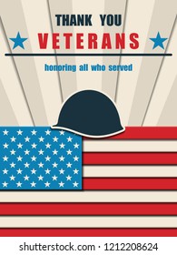 Happy Veterans Day. Greeting card with USA flag and soldier's helmet. American traditional patriotic celebration. Honoring all who served. November 11