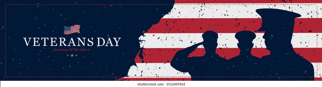 Happy Veterans Day. Greeting card with USA flag and soldiers on background with texture. National American holiday event. Flat vector illustration EPS10