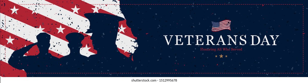 Happy Veterans Day. Greeting card with USA flag and soldiers on background with texture. National American holiday event. Flat vector illustration EPS10