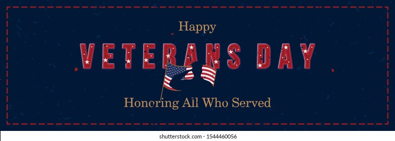 Happy Veterans Day. Greeting card with USA flag and silhouette of a soldier on the background. National American holiday event. Flat vector illustration EPS10