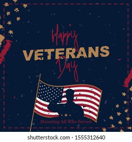 Happy Veterans Day. Greeting card with USA flag and soldiers on background with texture. National American holiday event. Flat vector illustration EPS10 - Shutterstock ID 1555312640