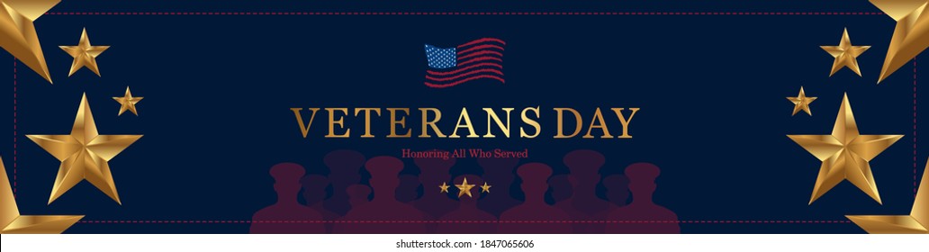 Happy Veterans Day. Greeting card with USA flag, gold star and soldiers on background. National American holiday event. Flat vector illustration EPS10.