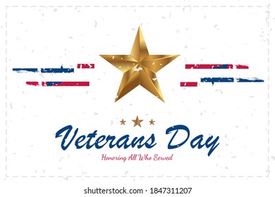 Happy Veterans Day. Greeting card with USA flag and gold star on background. National American holiday event. Flat vector illustration EPS10.