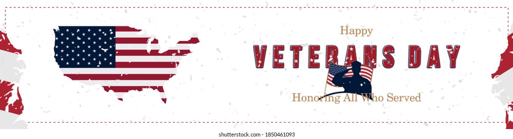 Happy Veterans Day. Greeting card with USA flag and soldiers on background with texture. National American holiday event. Flat vector illustration EPS10