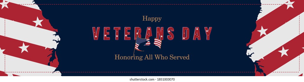 Happy Veterans Day. Greeting card with USA flag and soldiers on background with texture. National American holiday event. Flat vector illustration EPS10