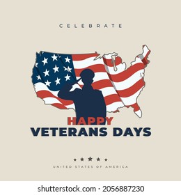 Happy Veterans Day. Greeting card background illustration with USA flag and soldier. National American holiday event. vector illustration in flat style