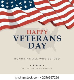 Happy Veterans Day. Greeting card background illustration with USA flag and soldier. National American holiday event. vector illustration in flat style