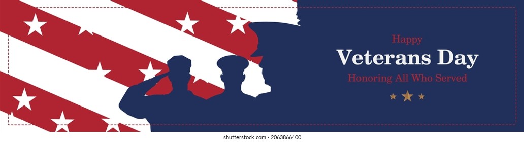 Happy Veterans Day. Greeting card with USA flag and soldiers on blue background. National American holiday event. Flat vector illustration EPS10.