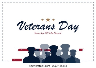 Happy Veterans Day. Greeting card with USA flag and soldiers on white background. National American holiday event. Flat vector illustration EPS10.