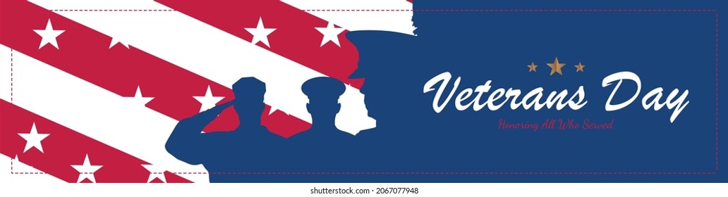 Happy Veterans Day. Greeting card with USA flag and soldiers on blue background. National American holiday event. Flat vector illustration EPS10.