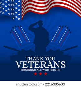 Happy Veterans Day Greeting Card 2022 with usa waving flag vector background illustration for banner, poster, social media feed