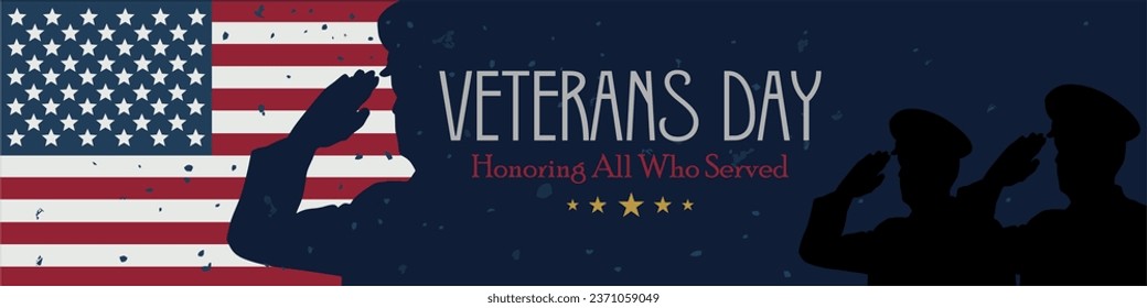 Happy Veterans Day. Greeting card with USA flag and soldiers on background with texture. Flat vector illustration.