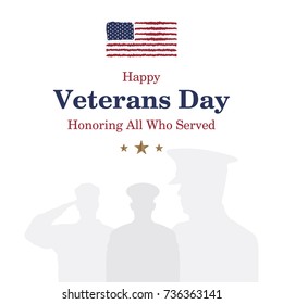 Happy Veterans Day. Greeting Card With USA Flag And Soldier On Background. National American Holiday Event. Flat Vector Illustration EPS10