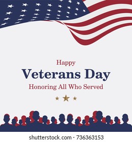 Happy Veterans Day. Greeting card with USA flag and soldier on background. National American holiday event. Flat vector illustration EPS10