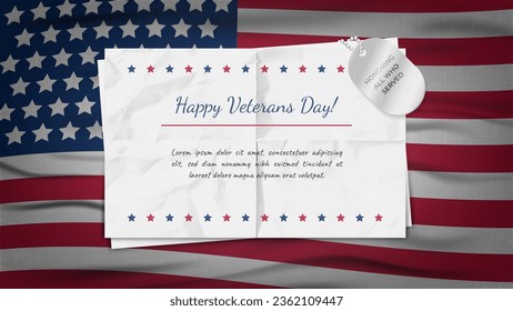 Happy Veterans Day Greeting in Letter Concept on USA Flag Background with Honoring All Who Served Text on Dog Tags
