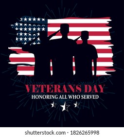 happy veterans day, grunge american flag soldiers remember and honor vector illustration