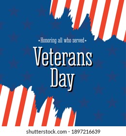 happy veterans day, grunge style american flag with lettering honoring vector illustration