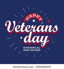 Happy Veterans Day hand drawn lettering greeting card, poster, banner, template design. editable 3d text on blue background. Veterans Day celebration for Honoring all who served in United State.