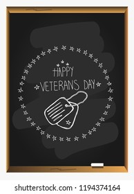 Happy Veterans Day hand lettering on blackboard background. Military tag icon. Handwritten text. Greeting card. Honoring all who served. Vector illustration.