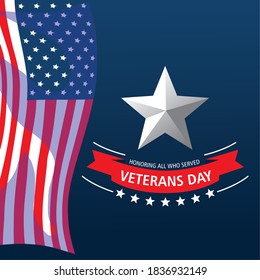 happy veterans day, hanging waving US flag and star card vector illustration