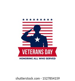 Happy veterans day honoring all who served retro vintage logo badge celebration poster background vector design. Soldier military salutation silhouette illustration with usa america flag ornament