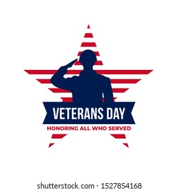 Happy veterans day honoring all who served retro vintage logo badge celebration poster background vector design. Soldier military salutation silhouette illustration with usa star america flag ornamen