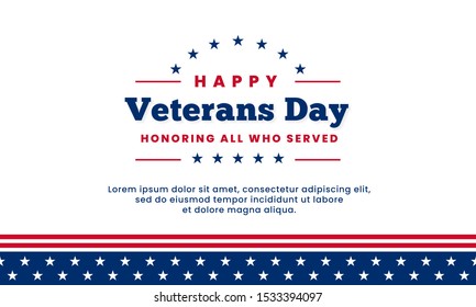 Happy Veterans Day honoring all who served simple clean poster background template design with usa america flag decoration element vector illustration