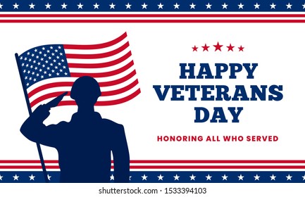 Happy veterans day honoring all who served poster background template design. Soldier military salutation silhouette with usa america flag behind vector illustration.