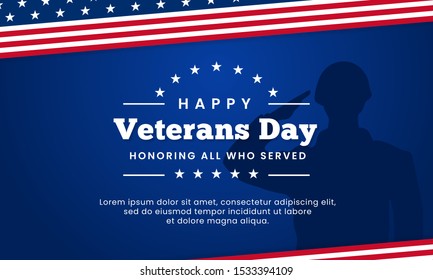 Happy veterans day honoring all who served poster background template design. Soldier military salutation silhouette with usa america flag decoration vector illustration.