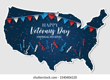 Happy Veterans Day. Honoring all who served. USA country shape background. National holiday design concept. Red and blue falling ringlets. Vector illustration.