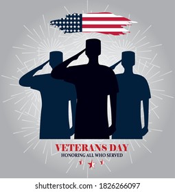 happy veterans day, honoring all who served, american flag and soldiers vector illustration