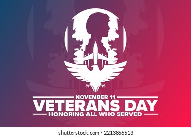 Happy Veterans Day. Honoring All Who Served. November 11. Holiday concept. Template for background, banner, card, poster with text inscription. Vector EPS10 illustration
